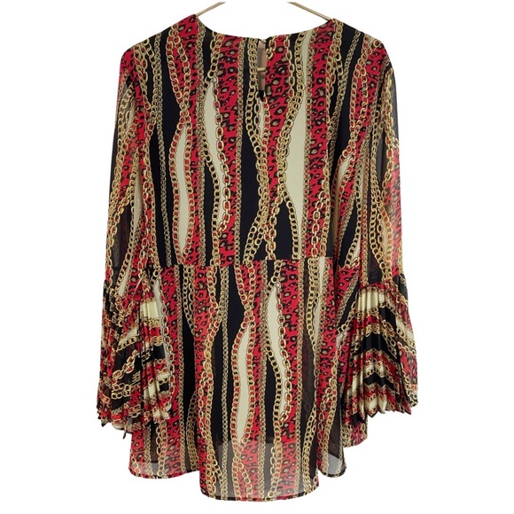 Peter Nygard Chain Print Blouse Top XL Trumpet Sleeve Red Black Career - Picture 9 of 9